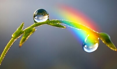 Dewdrops on grass with rainbow reflection.