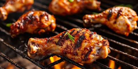 Grilled chicken leg sizzling on a portable grill, showcasing baked BBQ chicken wings and baked buffalo wings recipe, capturing the deliciousness of grilled chicken in high quality imagery.