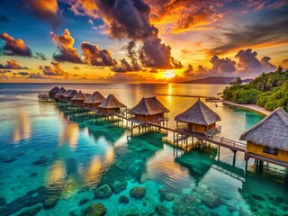 Obraz premium Panoramic Sunset over Tahiti: Luxurious Overwater Bungalows & Reflections