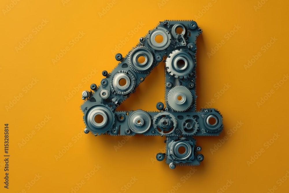 Poster the number 4 is made up of gears and is on a yellow background