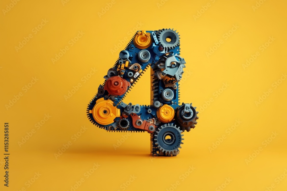 Poster the number 4 is made up of gears and is on a background