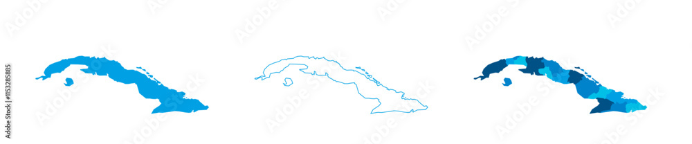 Poster cuba set of three maps - solid map, outline map and map highlighting administrative divisions. three