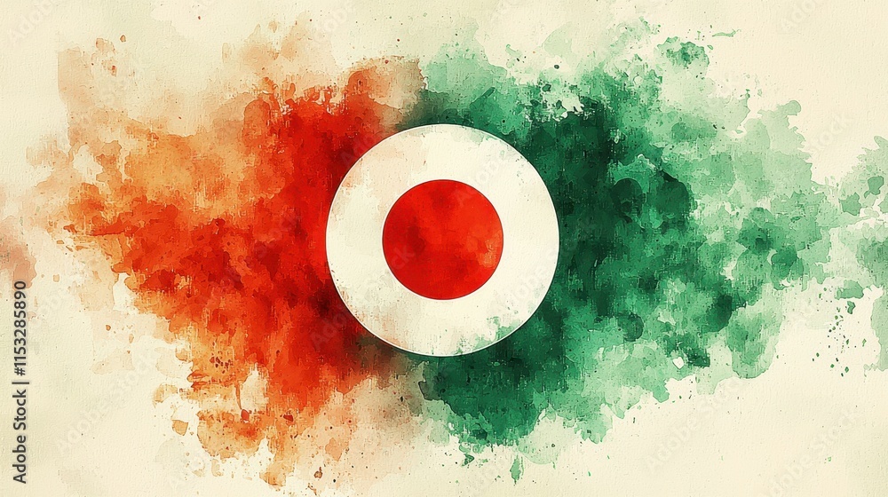 Poster watercolor style flag design with red and green splashes on beige background