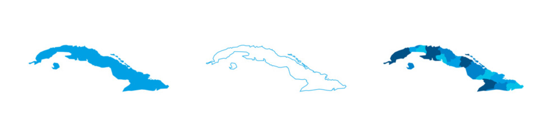 Cuba set of three maps - solid map, outline map and map highlighting administrative divisions. Three distinct maps illustrate various representations of a geographical area.