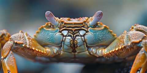 Close up view of a crab, showcasing its intricate details and textures. This shallow depth of field highlights the crab, drawing attention to its unique features and beauty.