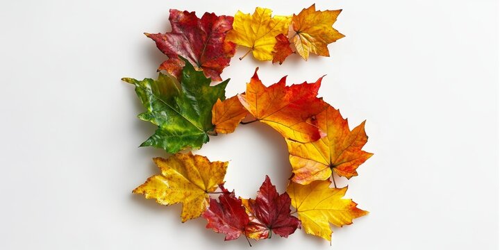 Autumn leaves arranged to form the number five, showcasing the vibrant colors of autumn. This creative display of autumn leaves emphasizes the beauty of this seasonal transformation.
