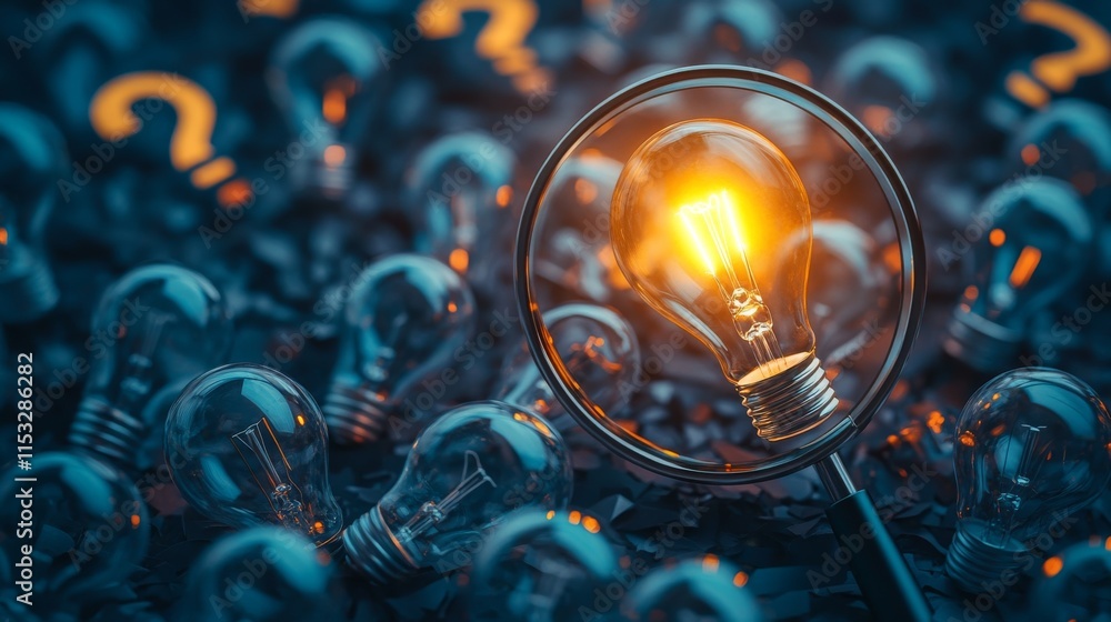 Poster a glowing light bulb is examined under a magnifying glass surrounded by question marks, representing
