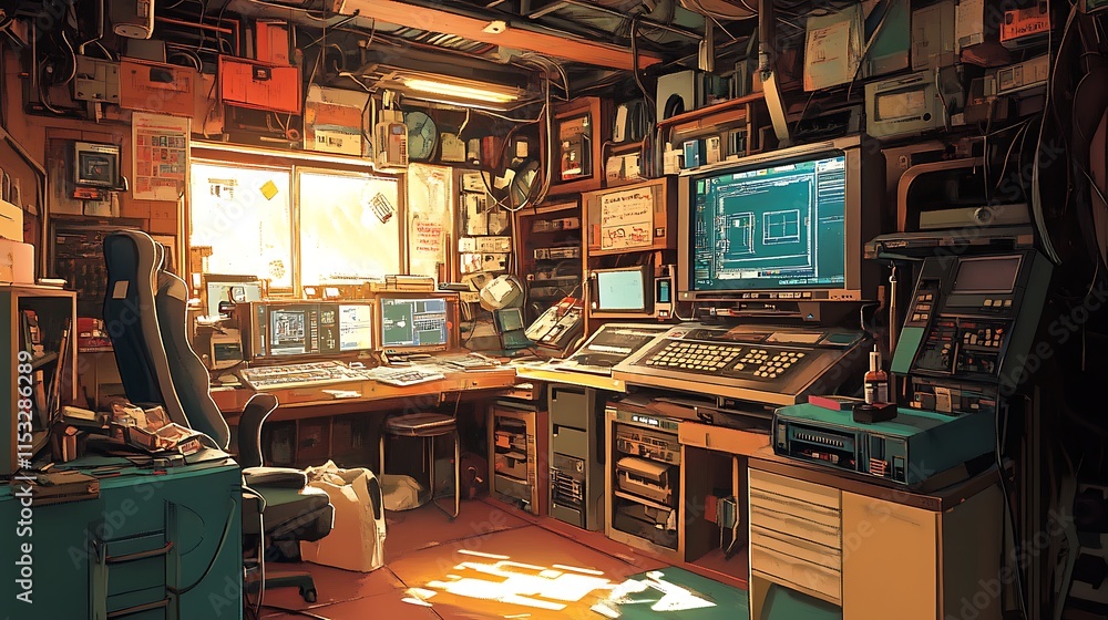 Poster cluttered yet charming digital artist's workspace filled with retro computers equipment sunlight str