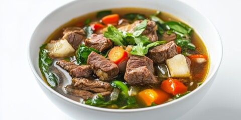 Selective focus on a bowl of clear soup featuring beef and vegetables, highlighting the delicious ingredients in this colorful dish against a clean white background. Perfect for food lovers.