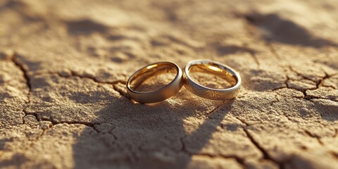 Wedding rings positioned on a dry surface evoke a sense of timelessness and beauty, showcasing the elegance of wedding rings in a unique and artistic manner across the dry ground.