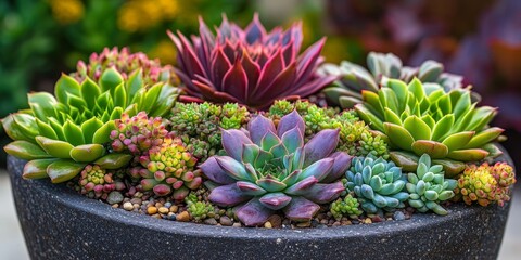 Fototapeta premium Vibrant succulent pot featuring Sempervivum tectorum, showcasing the unique beauty of Sempervivum tectorum in an artistic arrangement. Perfect for adding a touch of greenery with Sempervivum tectorum.