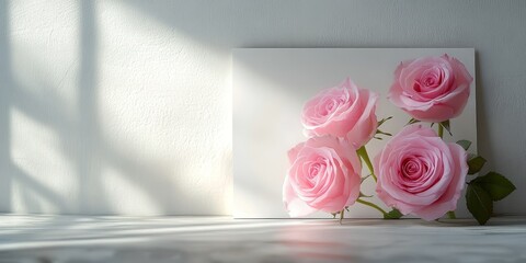 A greeting card featuring beautiful pink roses set against a textured white wall backdrop, illuminated by the soft light of the morning.