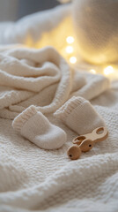 Close Up of Tiny Baby Socks and Rattle on Soft Bedding