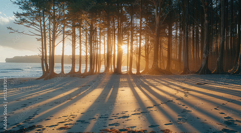 Poster sunlight filtering through the tall trees along the beach, casting long shadows on the sand as the m