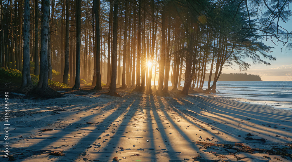 Poster sunlight filtering through the tall trees along the beach, casting long shadows on the sand as the m