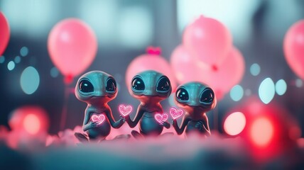 Fototapeta premium Adorable alien creatures celebrating Valentine's Day with holographic decorations and glowing pink balloons