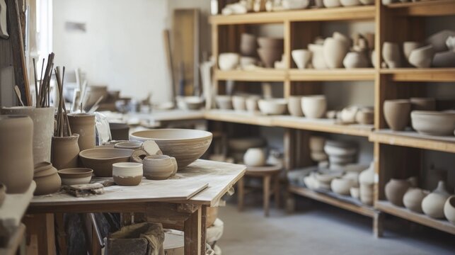 A serene pottery studio with pottery wheels and kilns, Clay and pottery tools neatly arranged, Artisanal ceramic style - Powered by Adobe