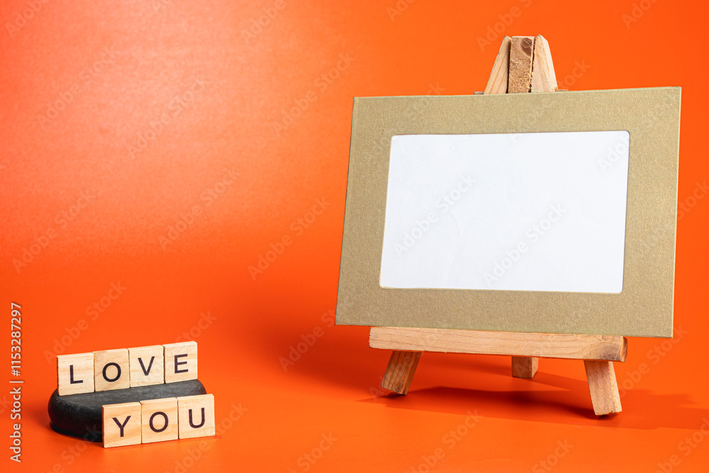 Poster text of love you in wooden blocks and empty card on a wooden easel on a colored background