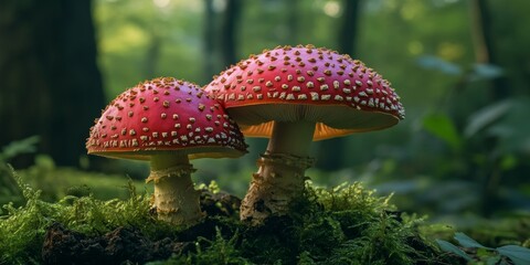 Stunning mushrooms thrive in a lush forest, showcasing the beauty of nature s diverse mushrooms. The enchanting mushrooms create a captivating atmosphere among the trees.