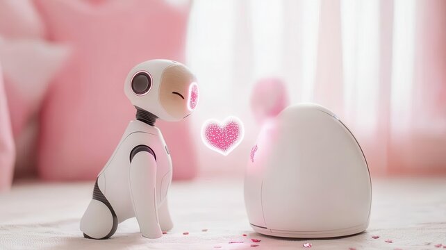 An adorable sci-fi pet robot delivering Valentine messages with holographic effects