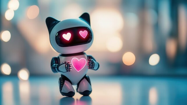 An adorable sci-fi pet robot delivering Valentine messages with holographic effects