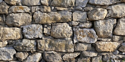 Fototapeta premium Texture of an ancient stone wall provides a background that conveys a sense of history and age. The stone wall texture adds depth and character to the setting.