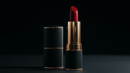 Photorealistic close-up of luxury lipstick with matte finish, bold color, and sleek gold packaging
