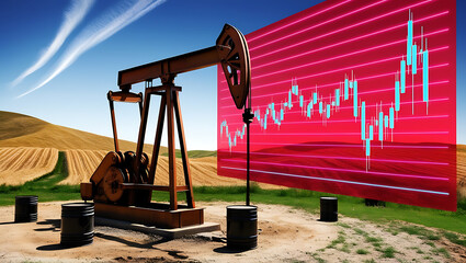 A vintage-style oil pump jack, set against a vibrant digital graph displaying fluctuating oil prices in bold, crimson lines and luminescent blue markers

