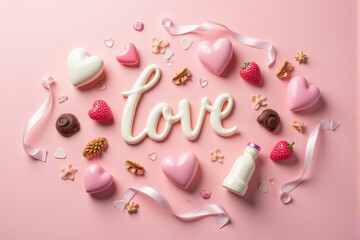 Illustration of a love background flatlay with pink tones, ribbons, and chocolates, creating a sweet and charming scene.  .