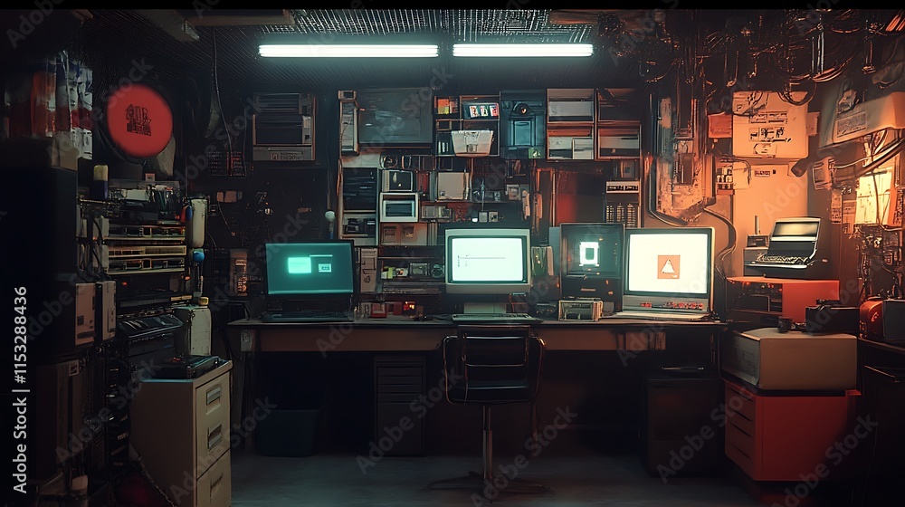 Aufkleber dimly lit room filled with vintage computers technology for reminiscent of a cyberpunk hacker's den 