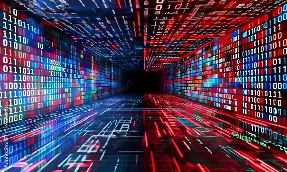 Poster a futuristic digital tunnel filled with streams of binary code in red, blue, and green colors. the p