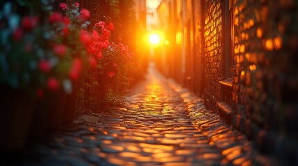 A serene alleyway illuminated by sunset, lined with flowers and cobblestones.