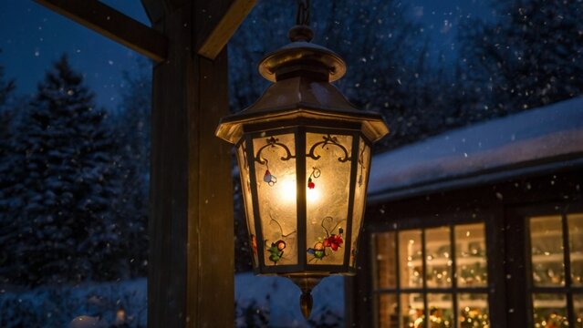 Winter Season With Hanging Lamp Outside At Night
