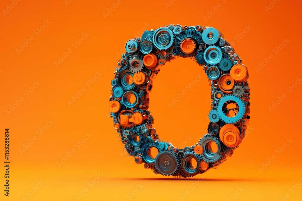 Poster the image is a creative representation of the letter o made out of various mechanical parts.