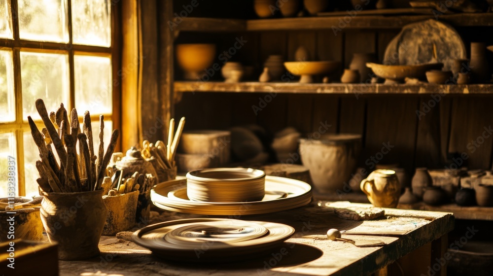 Poster a serene pottery wheel setup in a rustic barn, pottery tools and clay neatly arranged around a potte