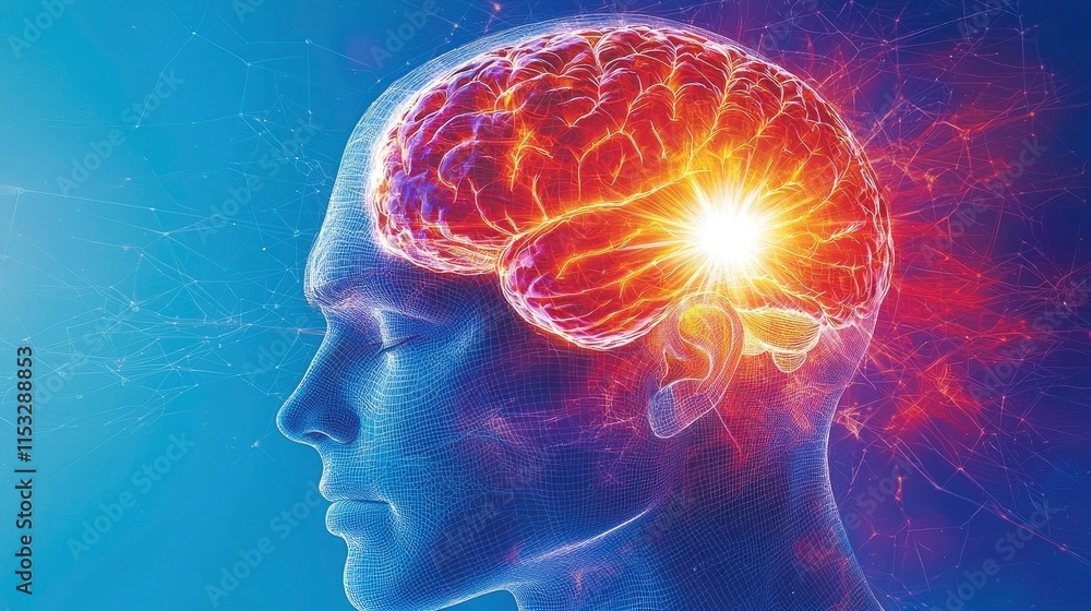 Poster abstract image of a human head with a glowing brain. visualizes concepts like consciousness, thought
