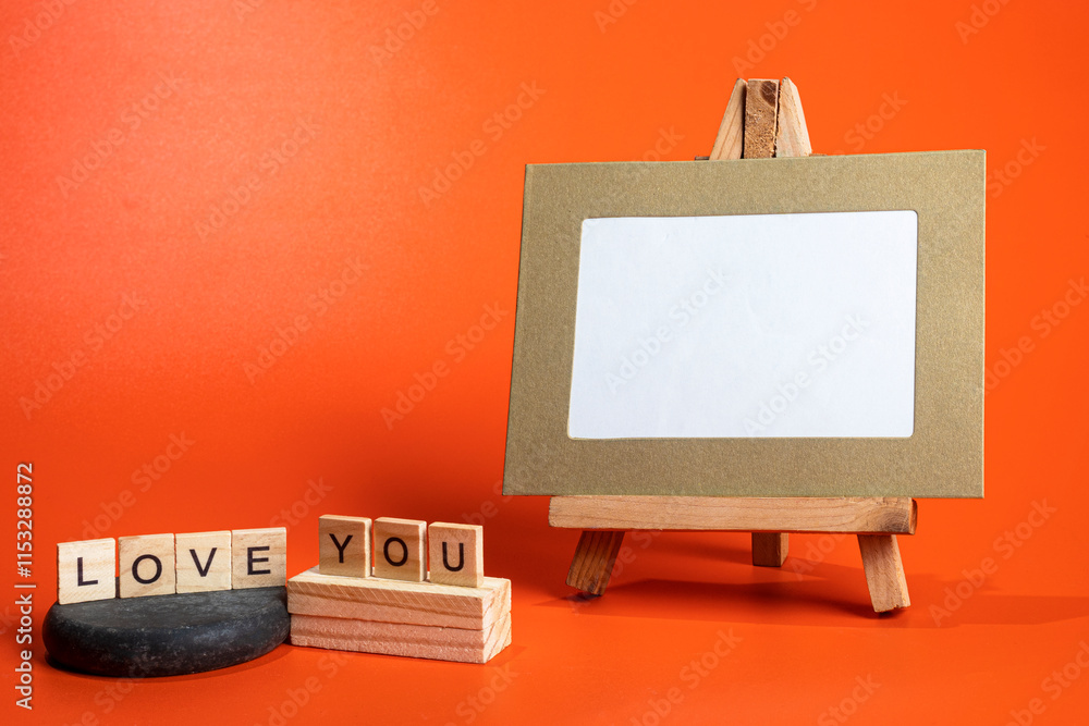 Poster text of love you in wooden blocks and empty card on a wooden easel on a colored background
