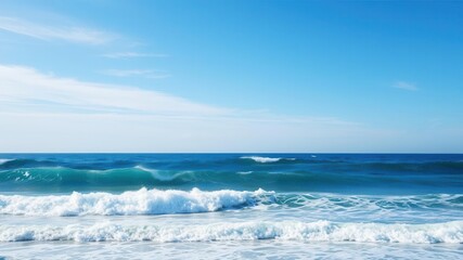 Fototapeta premium Serene Ocean Waves Under a Clear Blue Sky with Gentle Currents and Foamy Crests at a Tranquil Beach Setting Evoking Calmness and Natural Beauty