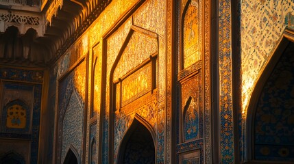 Close-up of Pe intricate tile work on Pe Wazir Khan Mosque in Lahore, glowing under Pe soft sunlight, in 4K resolution
