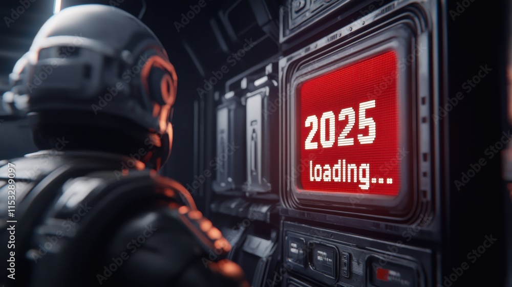 Poster a futuristic scene depicting an astronaut in a dark space environment, watching a screen that displa