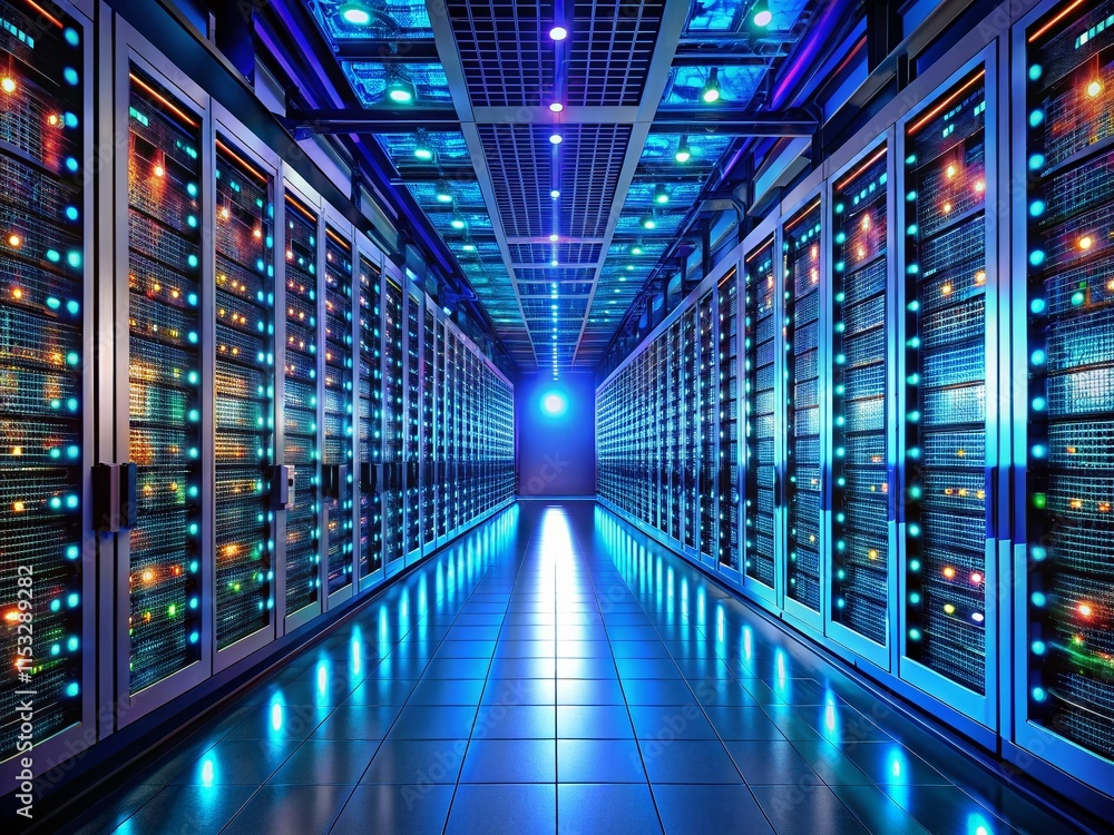 Poster panoramic view of modern data center server racks
