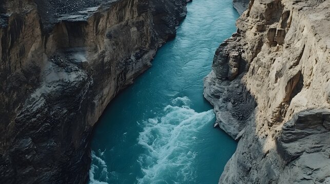 Cinematic view of Pe turquoise waters of Pe Indus River cutting Prough dramatic cliffs in Skardu, in 4K resolution
