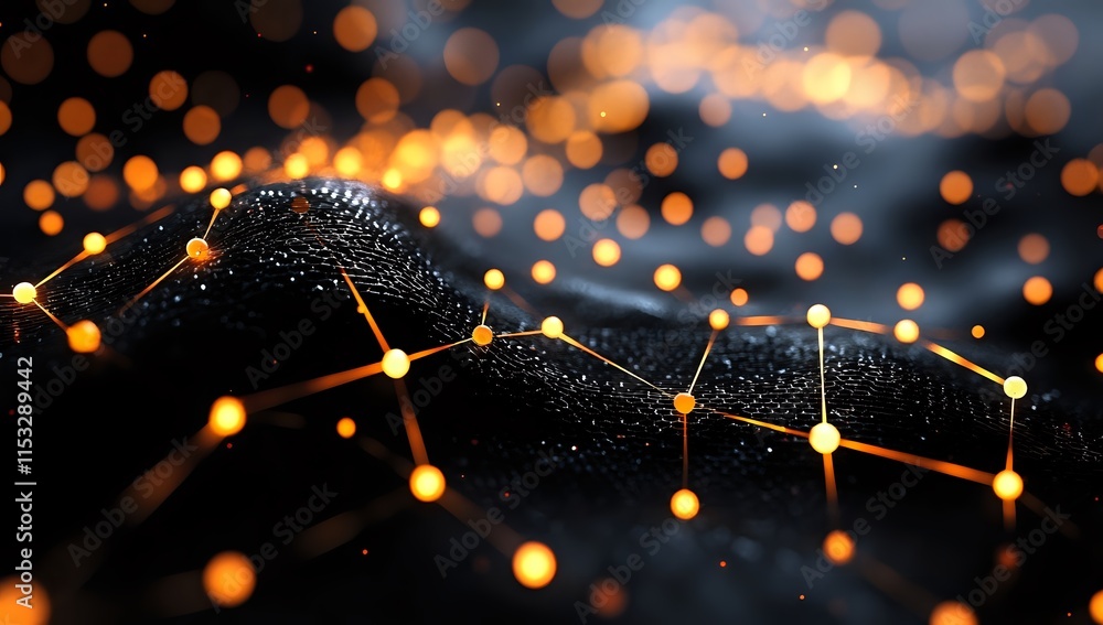 Poster abstract network: glowing nodes connect, forming a dynamic, intricate web of light across dark backg