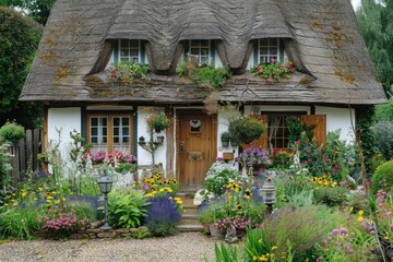 Quaint cottage with thatched roof and colorful flower garden.