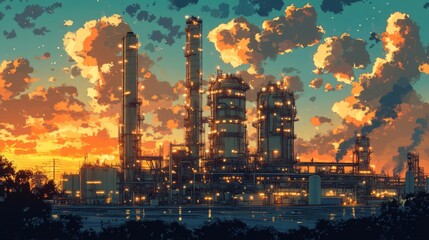 Fototapeta premium Industrial Sunset Landscape with Illuminated Refinery Towers
