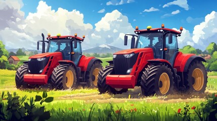 Fototapeta premium Two Red Tractors on a Farmland Path