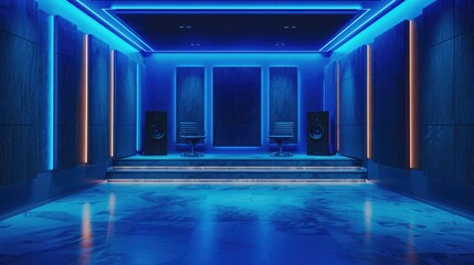 Fototapeta premium A blue lighting dark podcast room.