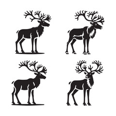 4 Set of Black Standing Reindeer Silhouettes Isolated on White Background