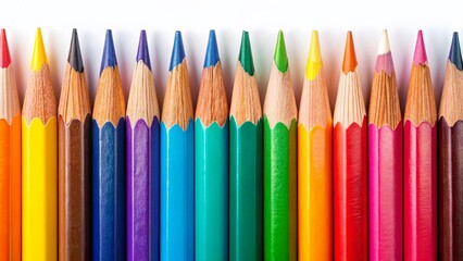 Fototapeta premium Panoramic View of Sharpened Pencils in a Row on a White Background