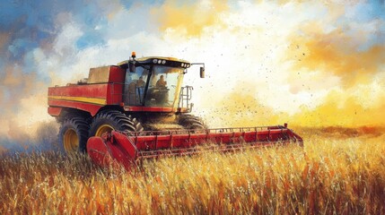 Obraz premium Red Combine Harvester Harvesting Wheat Field